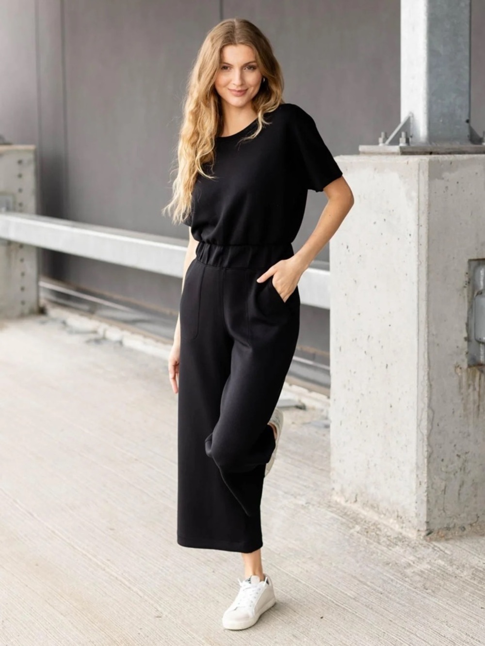 SPANX AirEssentials Short Sleeve Crop Wide Leg Jumpsuit Black 1X PETITE NEW